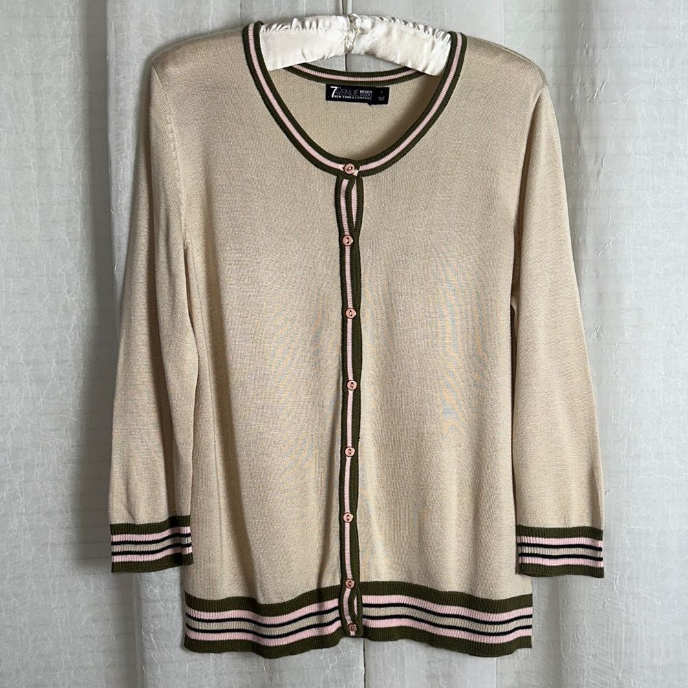 NY & Co L 7th Ave Design Studio Beige Olive Pink Contrast Stripe Trim Cardigan